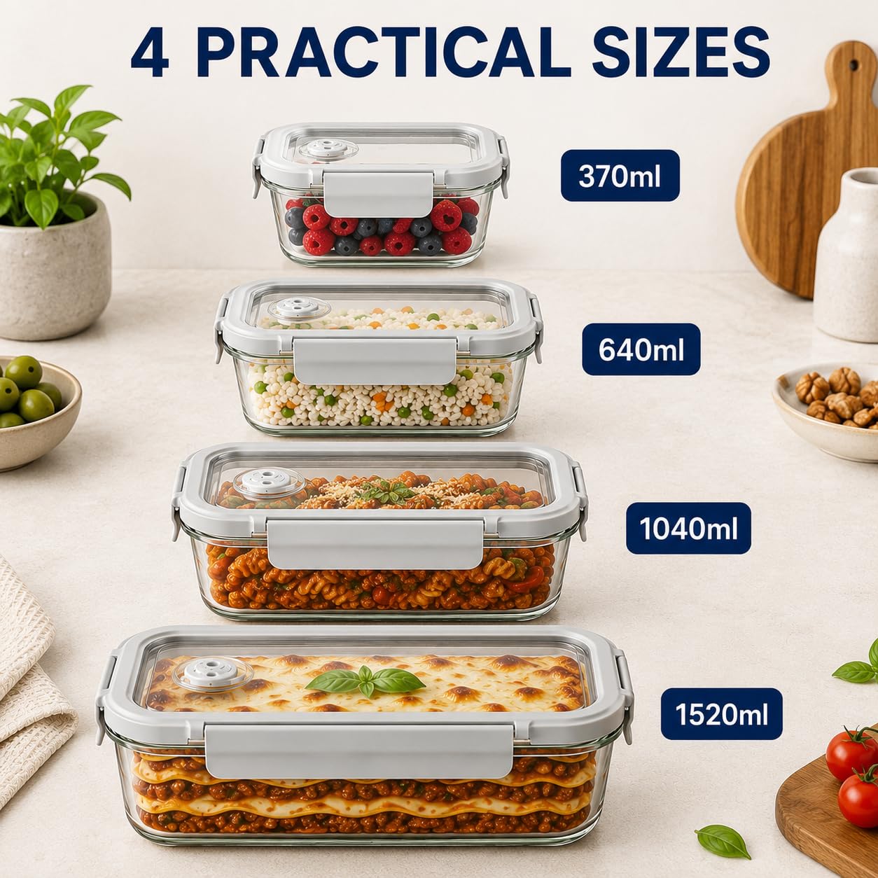 Set di 4 contenitori per alimenti in vetro con coperchio in vetro, adatti per congelatore e forno