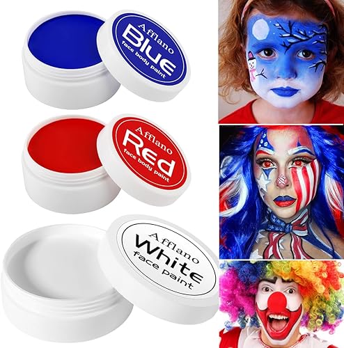 DE'LANCI Pintura facial roja, blanca y azul, pintura facial y corporal de EE. UU., maquillaje de payaso, pintura al óleo de crema de copo de nieve