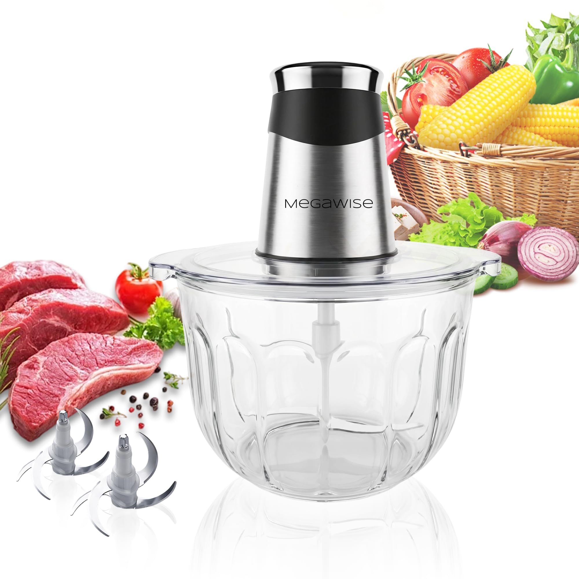 MEGAWISE Electric Food Processor, 1000W Meat Grinder & Vegetable Chopper with 4L Thick Gl…