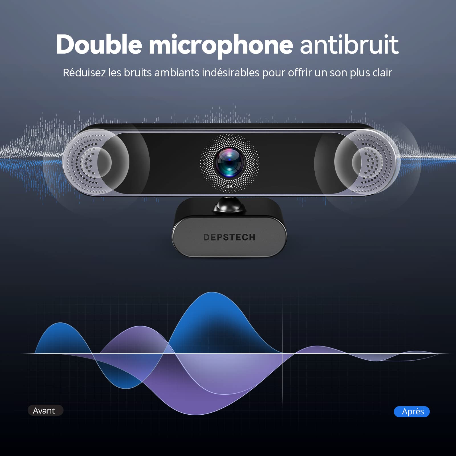 DEPSTECH Webcam 4K, Webcam PC Ultra HD avec Capteur 1/2.55", Double Micro Antibruit, Zoom Numérique 3X, Télécommande, Camera Streaming 8MP Autofocus pour PC Portable Mac, Appel vidéo, Zoom, Skype