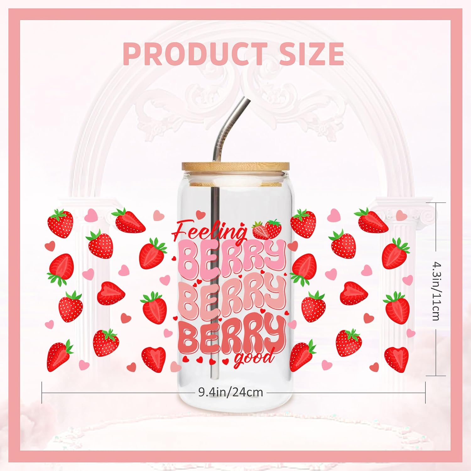 UV DTF Cup Wrap Transfer - 8 Sheet Strawberry UV DTF Cup Wraps for 16 OZ Glass Tumbler, Strawberry Cake Drink Style UVDTF Cup Wraps, Waterproof Rub on Transfer, DIY Craft for Fruit Lovers
