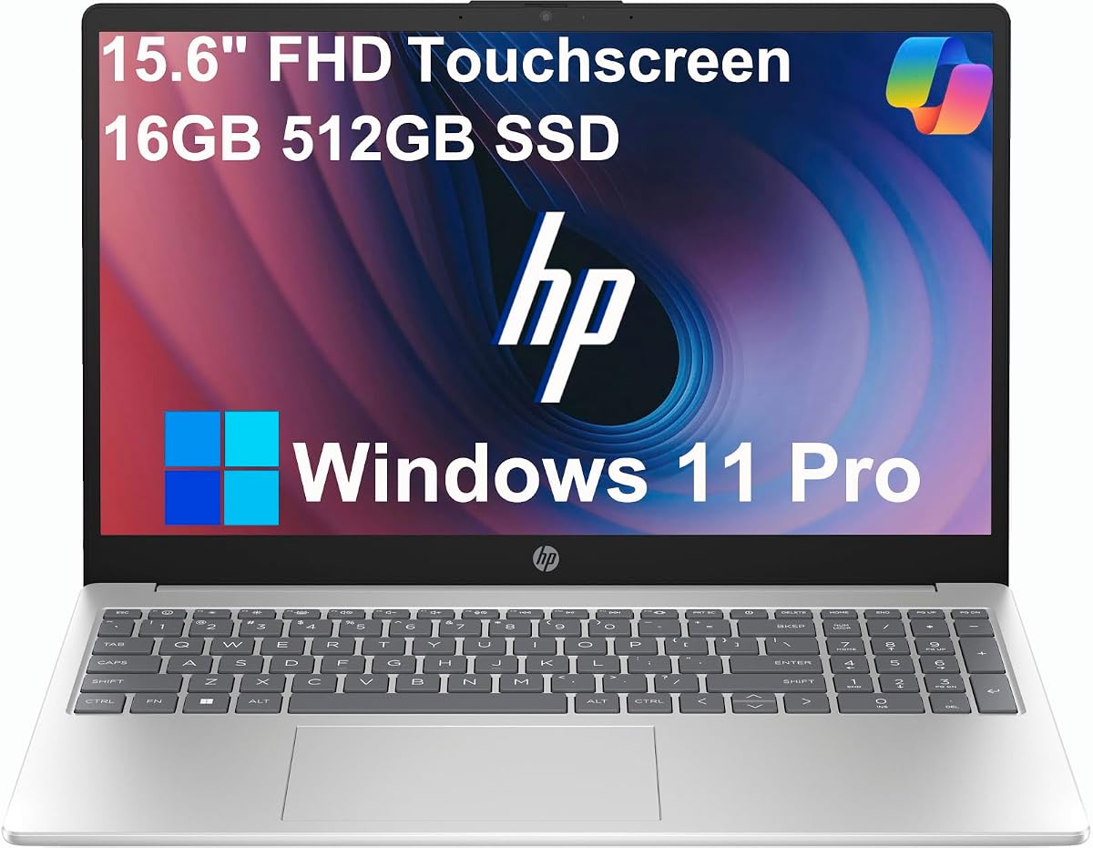 HP 15 Laptop (15.6" FHD Touchscreen, Intel Core i5-1334U (> i7-1255U), 16GB RAM, 512GB SSD) for Business, Students, Home, 10-Hour Long Battery Life, Webcam, Wi-Fi 6, Numpad, Fast Charge, Win 11 Pro