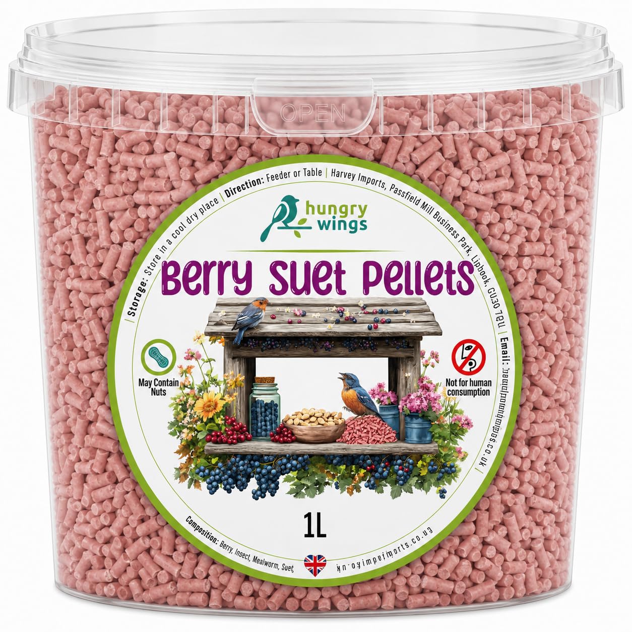 Hungry Wings Berry Suet Pellets Bird Food 1L Tub | Premium Garden Treats