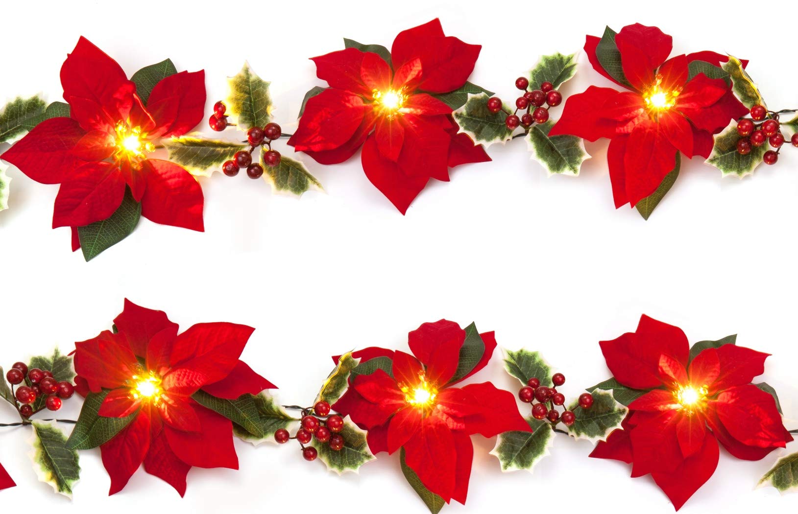 2PK 6FT Christmas Pre Lit Decoration Garland Poinsettia Garland with Red Berries & Holly Leaves, Christmas Garland,Artificial Poinsettia Garland(Red)