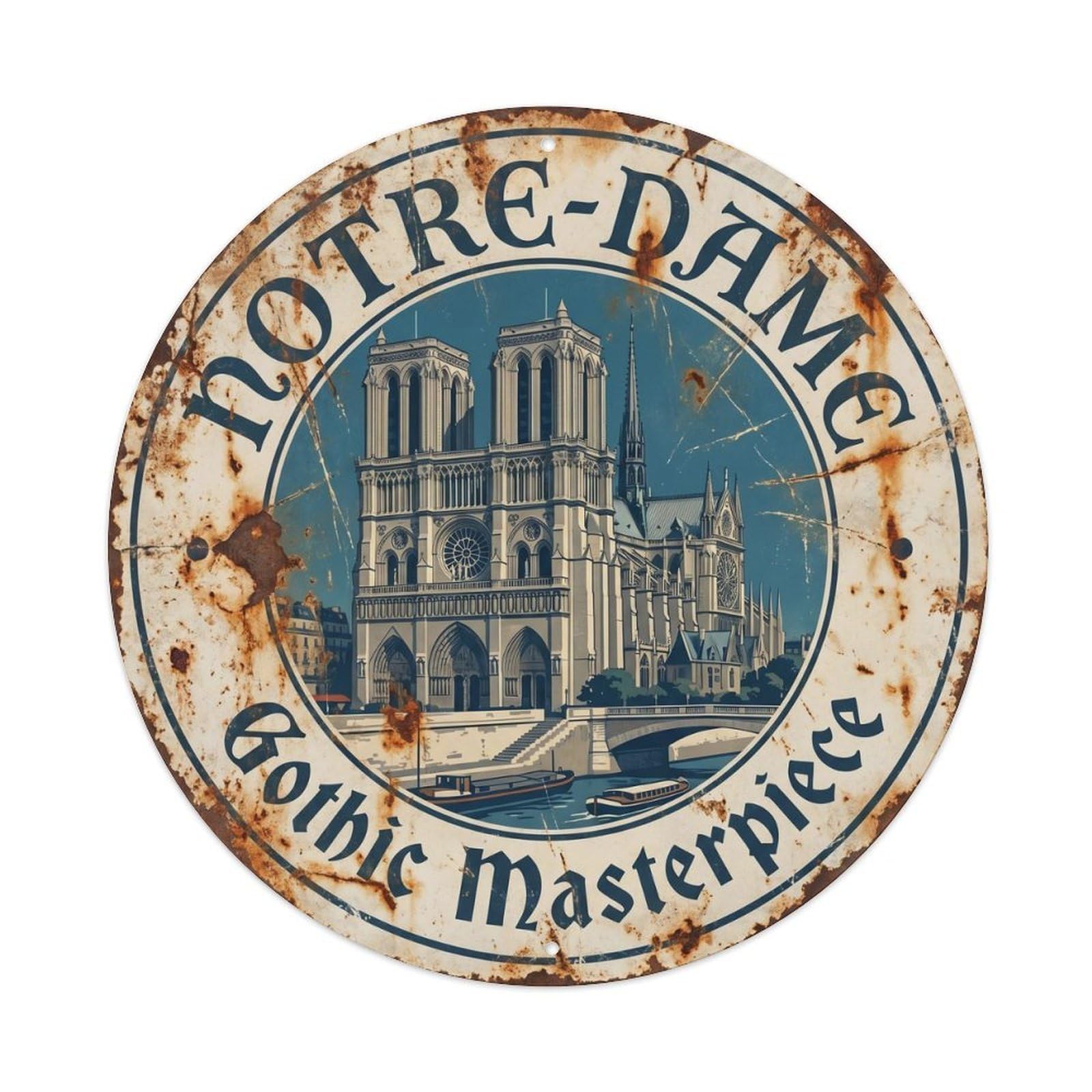 Vintage Travel Notre Dame Cathedral Metal Tin Sign Plaque Wall Decor for Cafe, Club, Garden Round Metal Poster 8x8Inch