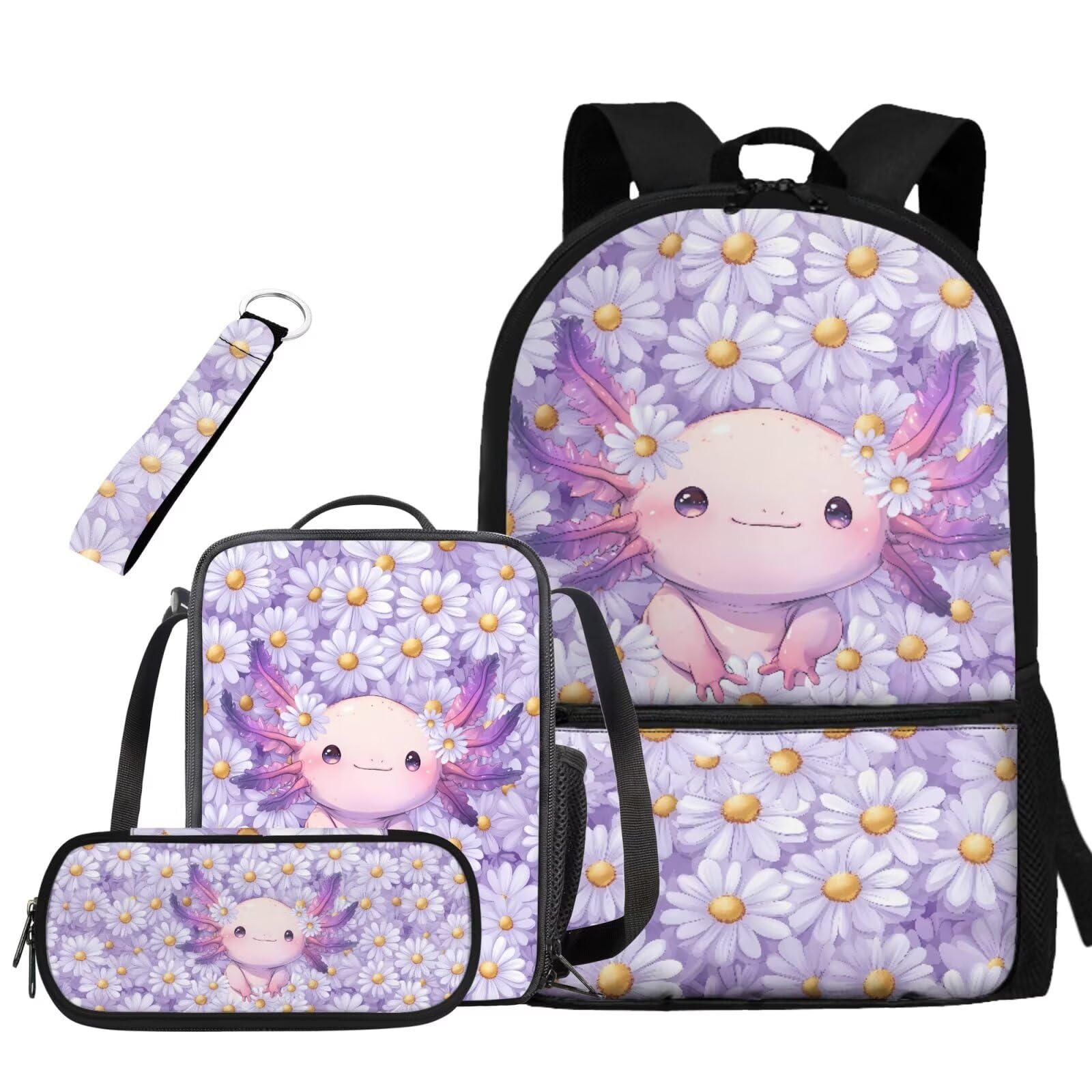 Ystardream Cute Axolotl Book Bag for Girls Backpack with Lunch Box Set Lightweight & Multiple Pockets Design Ergonomic Back Support for Active Student