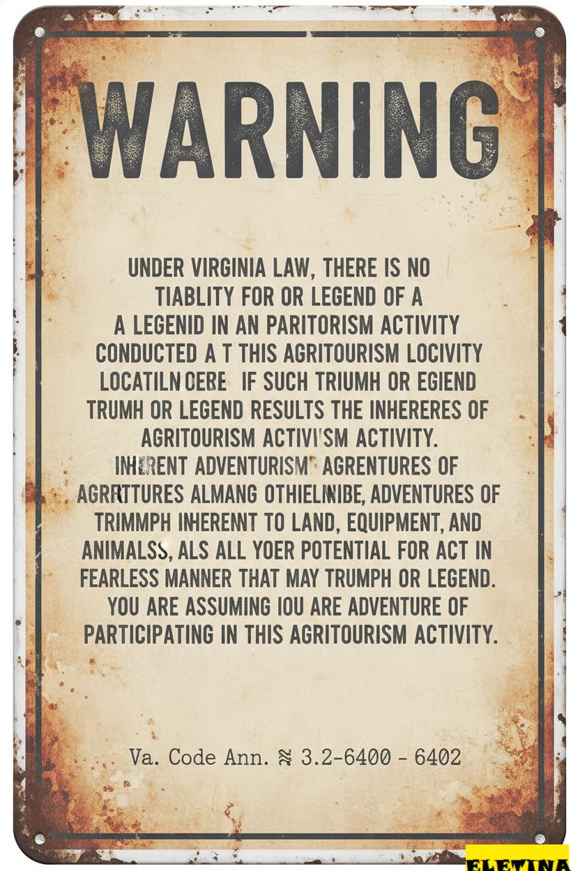Virginia Agritourism Liability Warning Tin Sign, 8x12 Inch