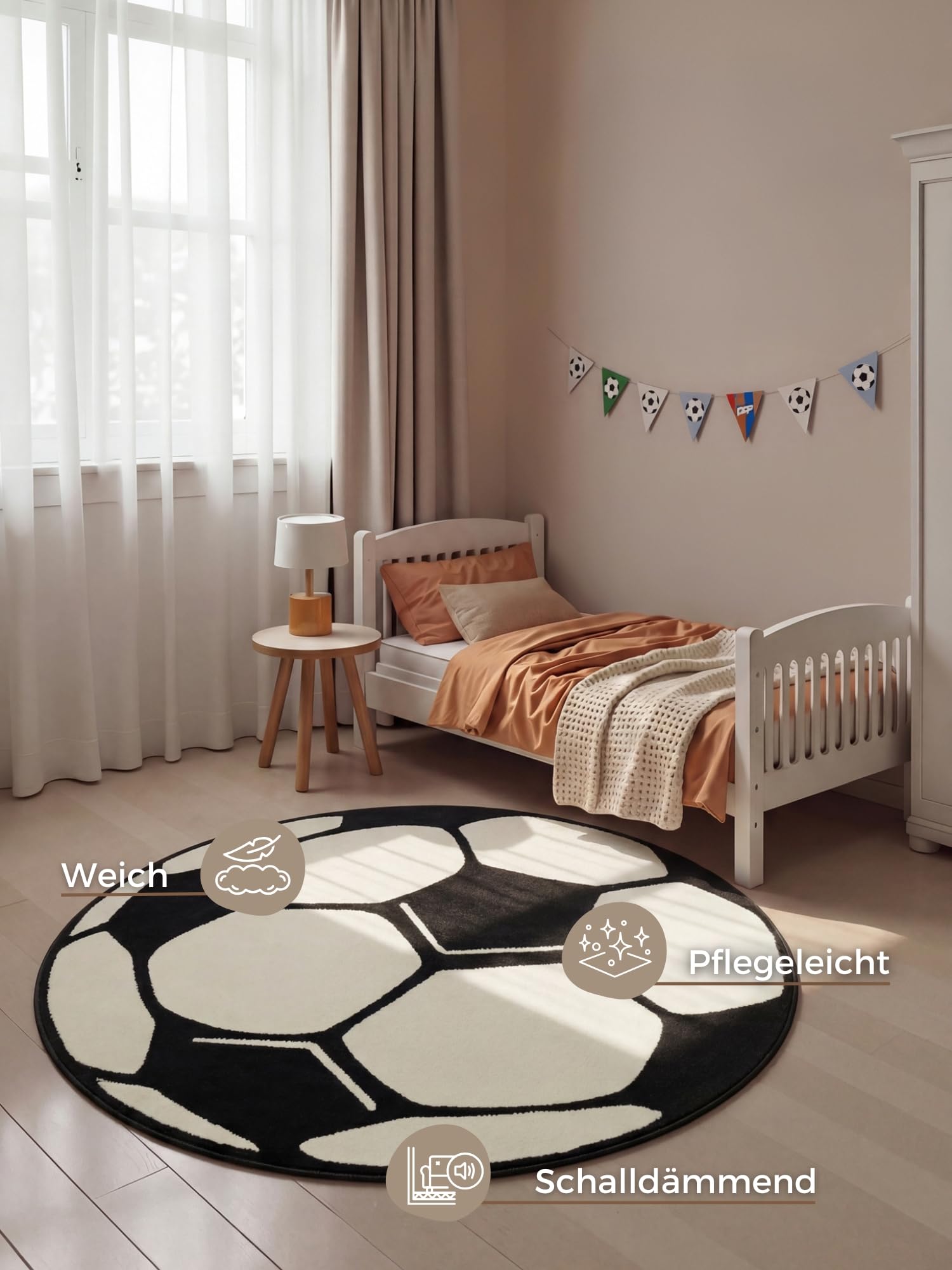 Hanse Home PP Fußball Rund Spielteppich – Kinderteppich rutschfest Kurzflor Teppich Fußball-Spielteppich Fußball-Motiv für Schlafzimmer, Kinderzimmer, Spielzimmer – Ø 150cm