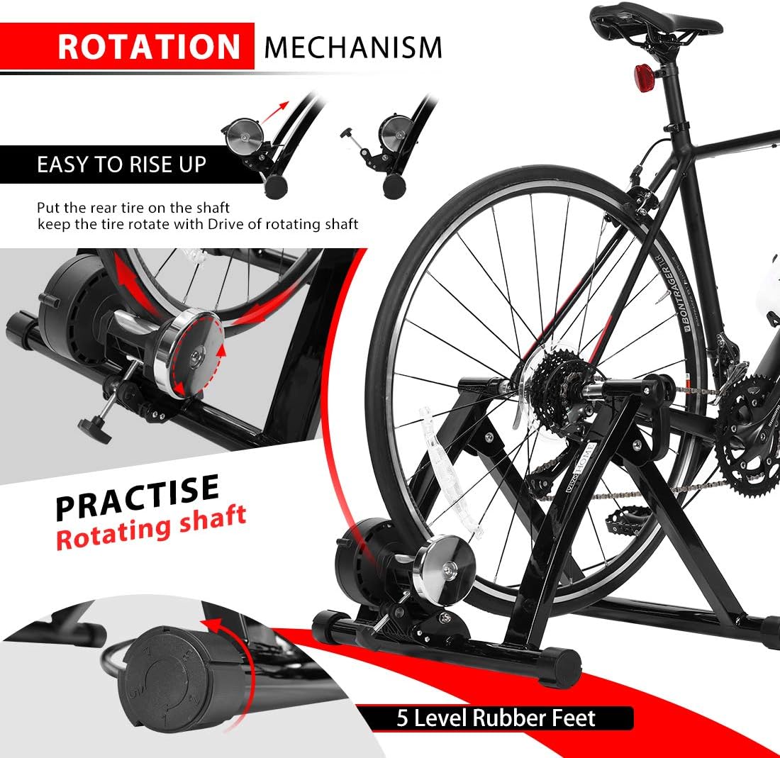 Diagram showing how to mount the rear wheel of a bicycle onto the trainer's rotation mechanism and secure it.