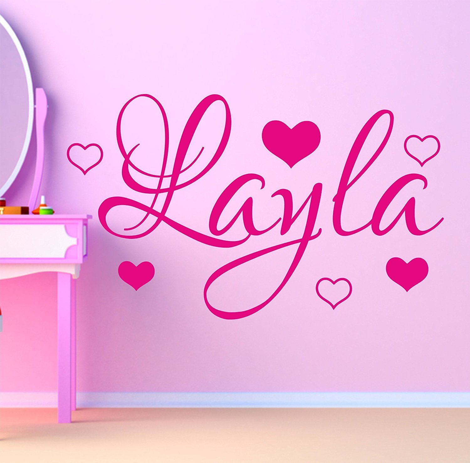 Personalised Name & Hearts Wall Art Sticker 94cm (w) x 56cm (h) SG87, Please state colour on purchase otherwise pink will be sent by the grafix studio