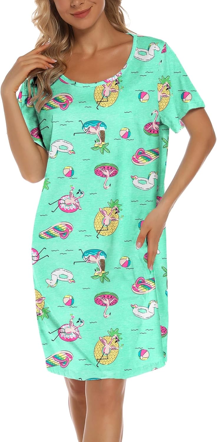ENJOYNIGHT Womens Nightgowns Cotton Sleepwear Plus Size Sleep Shirt Short Sleeve Nightshirt Print Sleepshirt - Image 2