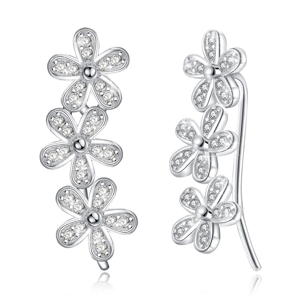 925 Sterling Silver Antique Daisy Flowers cuff Earrings Austrian Element Crystals jewelry for Women Christmas Gifts