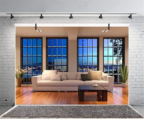 Miniatura 4 de AOFOTO Fondo de ventana francesa de 8 x 6 pies para oficina de negocios, sala de estar, sofá, fotografía, fondo interior, trabajo en casa, paisaje