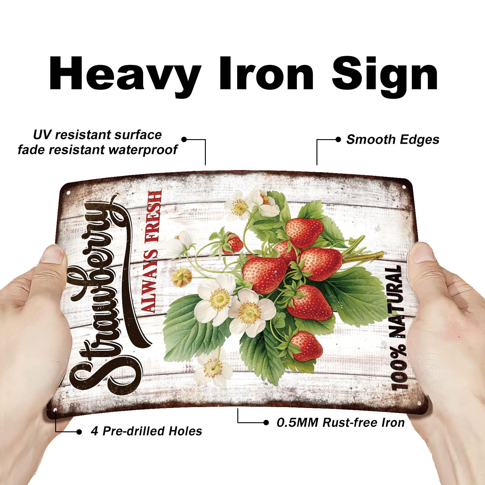GLOBLELAND Strawberry Metal Tin Sign 8x12in "Strawberry Always Fresh" Vintage Painting Tin Signs Fruit Wall Poster Plaque for Kitchen Wall Decor Dining Room Home Breakfast Table Fruit Stall - Image 3