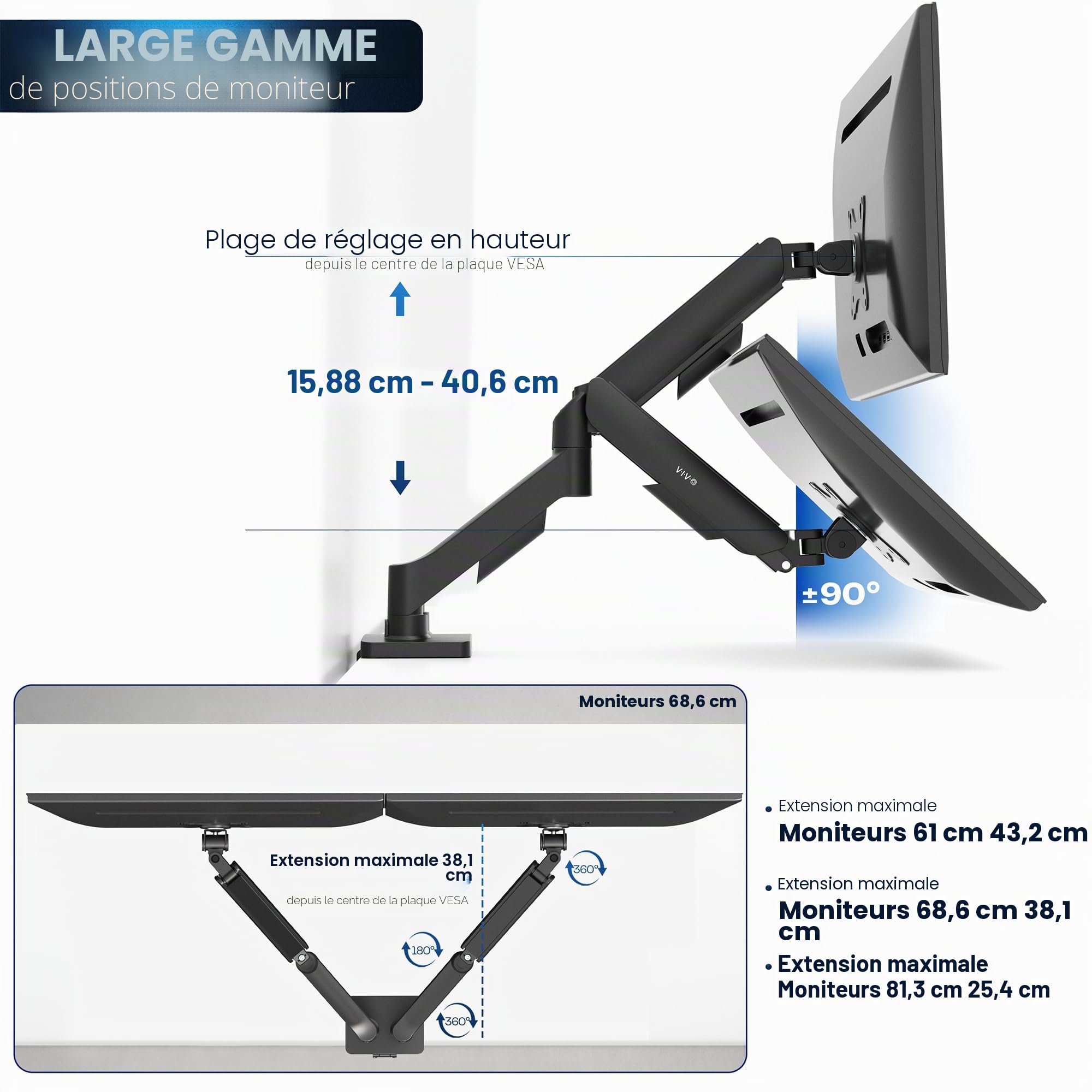Vivo Support de Bureau à Double Bras réglable en Hauteur, inclinable, pivotant, Support pneumatique à contrepoids, Bras de Support VESA Compatible avec la Plupart des écrans jusqu'à 32", Classique,