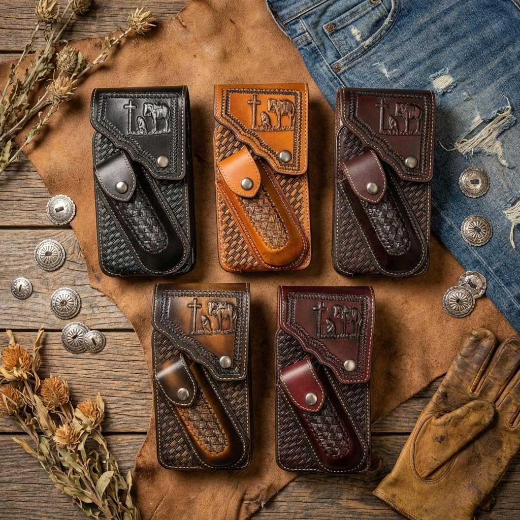 Leather Phone Holster with Knife Sheath - Praying Cowboy Embossed Belt Clip Pouch - Basketweave Pattern (Brown)
