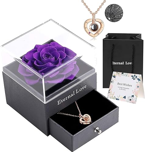 Czkonore Juego de regalos de rosas reales preservadas con collar I Love You en 100 idiomas regalo de mujer de flor eterna para el día de San