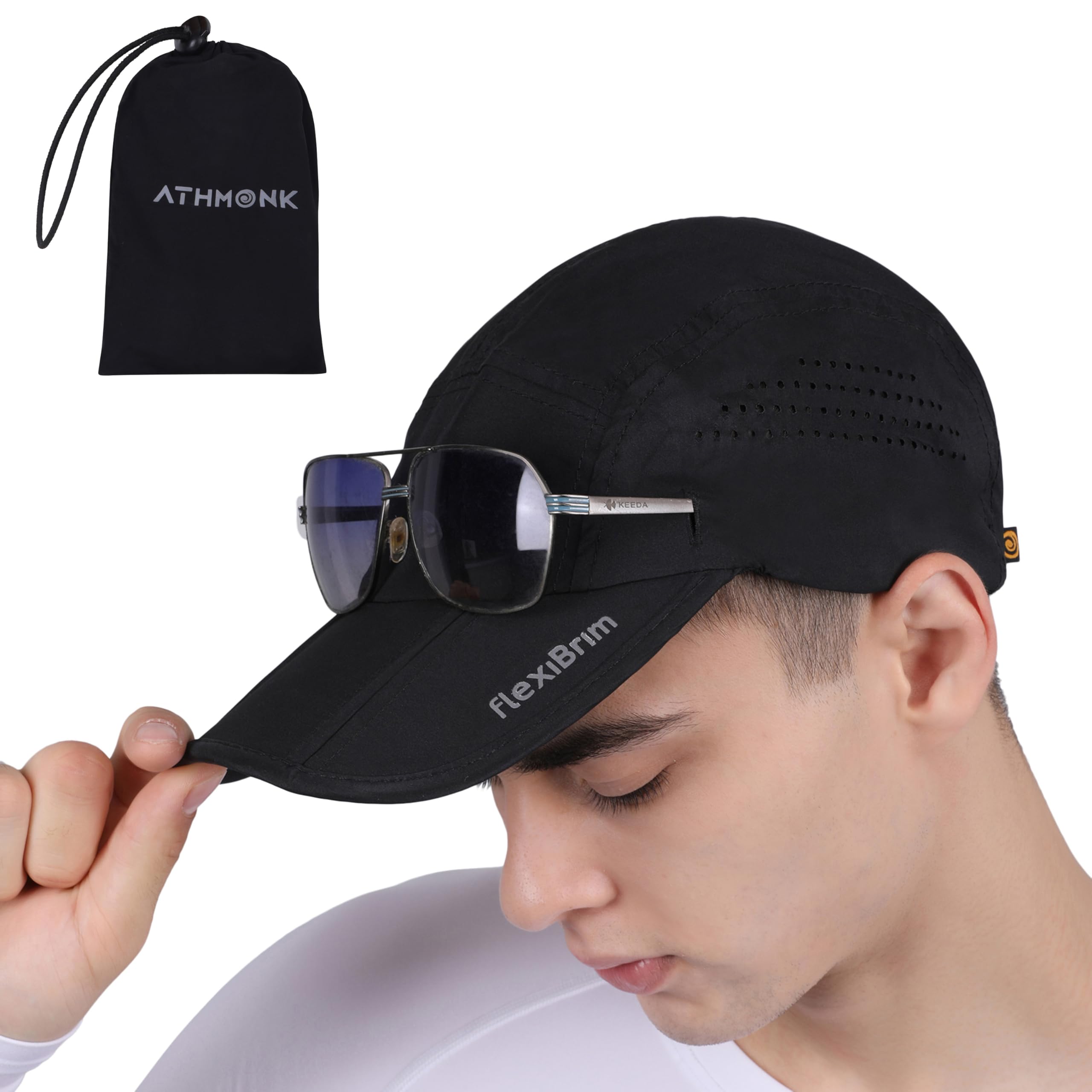 Athmonk FlexiBrim Foldable Sports Cap for Man & Woman with Carry Pouch | Men's Cap for Running, Gym, Rain, Summer | Super Portable, Fits in Pocket Cap with Ventilation Holes | Adjustable Size