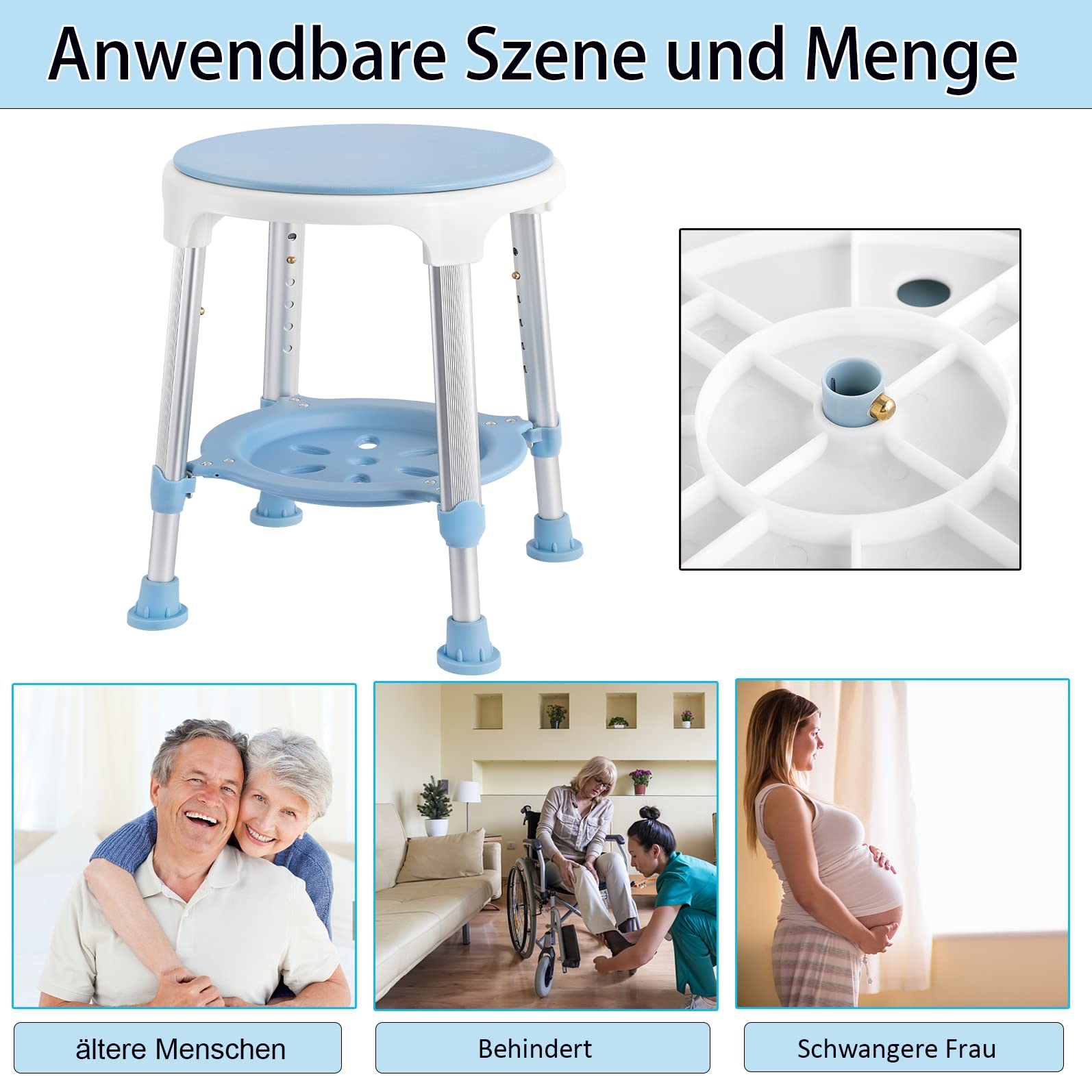 Aufun Taburete de Ducha，Silla Redonda giratoria de 360 Grados, para Personas Mayores Ajustable en Altura, Taburete de baño Antideslizante de 150 kg para Personas Mayores, Mujeres Embarazadas