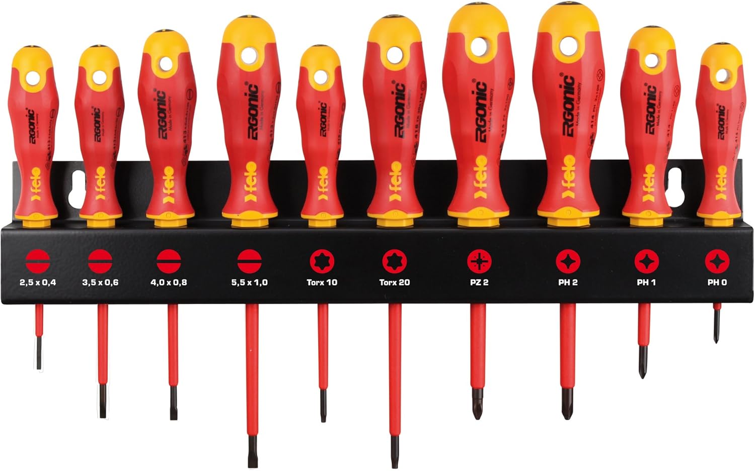 Felo Screwdriver Set XL Ergonic VDE with Tool Holder 10 Pieces SL, PH, PZ, Tx