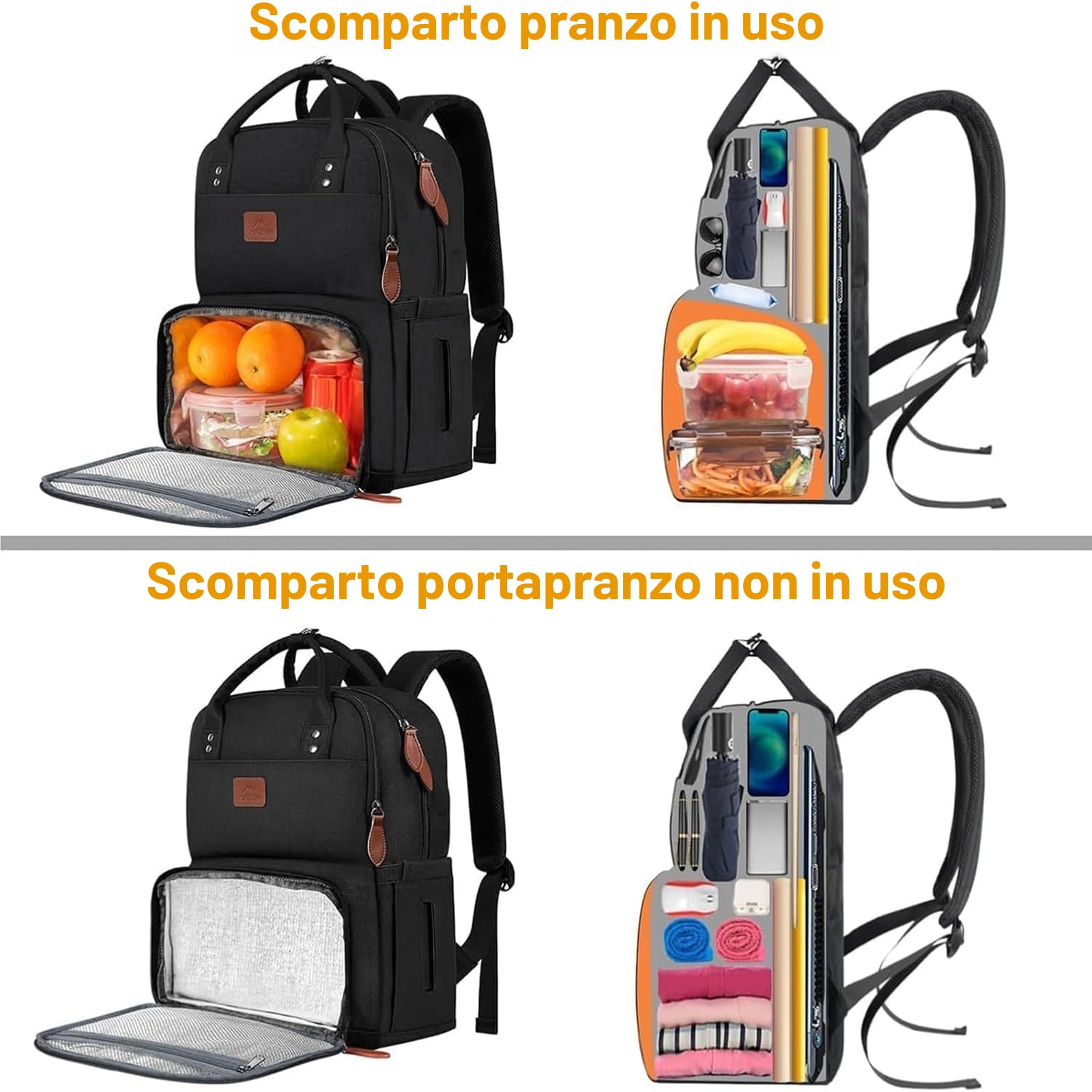 MATEIN Zaino Porta PC Uomo Donna 15,6 Pollici con Scomparto Porta Pranzo Termico, Zaino da Viaggio 40x30x20 Impermeabile e Antifurto, Borsa Termica per Lavoro, Ufficio e Università, Nero