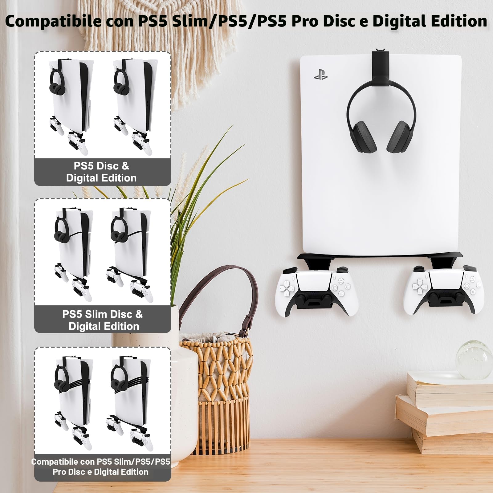 Supporto da parete per PS5/PS5 Slim/PS5 Pro con supporto per controller e supporto per cuffie, accessori in metallo solido per PS5 - Nero