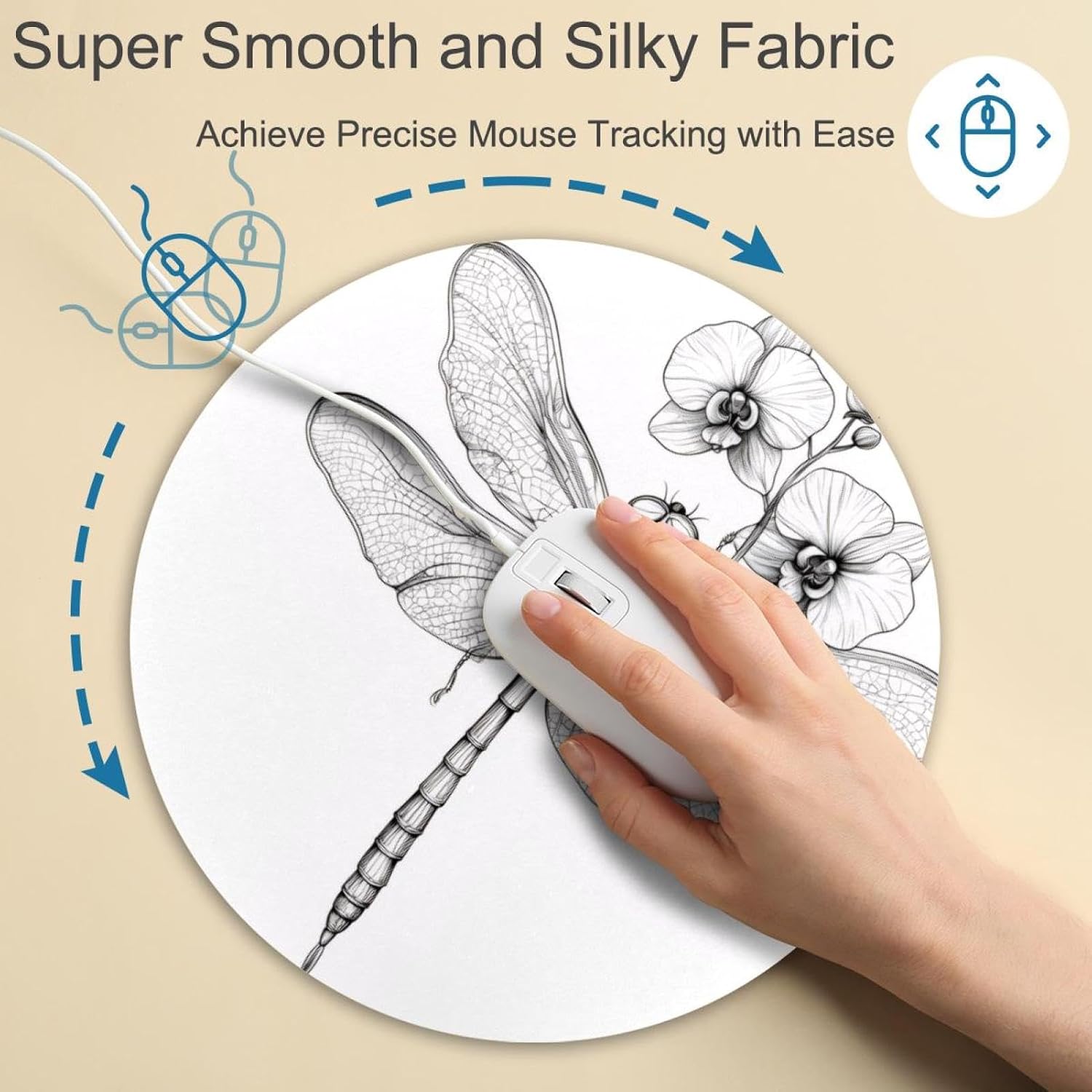 Round Mouse Pad for Women Men, 10’’ Round Desk Pad Mousepad Non-Slip Rubber Base, Office Home Laptop Accessories, Art Dragonfly Decorated with Exotic Orchids image 4