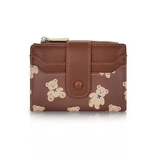AfitLulu Cute Wallet for Women, Bear Print Zip Bifold Wallet with Front Card Slot, ID Window, Cash Slot, Short Women Wallet Elegant Youthful and Cute (Brown) - Brown