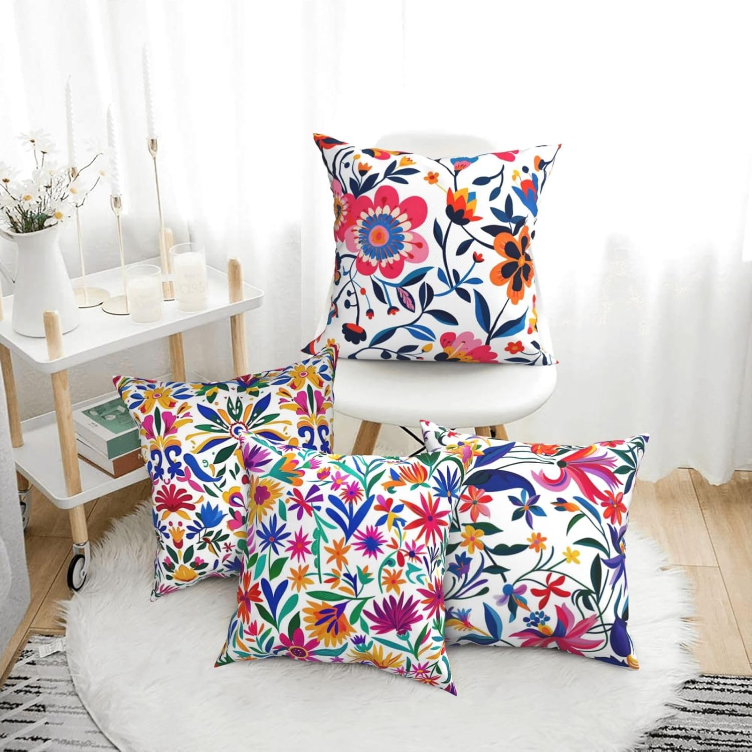 HOSTECCO Mexican Floral Throw Pillow Covers 20x20 inch Set of 4 Colorful Flowers Pillow Cases Ethnic Decorative Cushion Covers for Sofa Couch Bed
