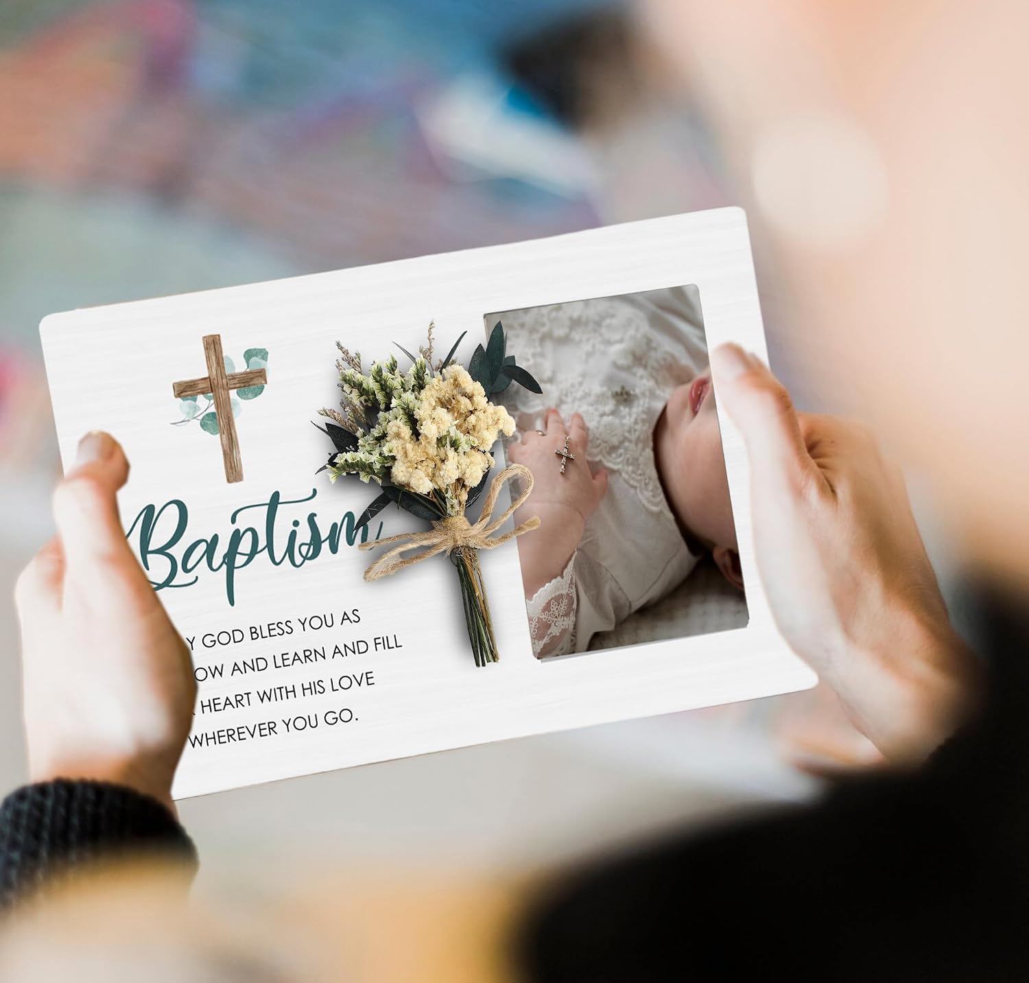 Baptism Picture Frame with Bouquet, Christening Wooden Photo Frame Gifts for Boys Girls, 4x6 inch Photo