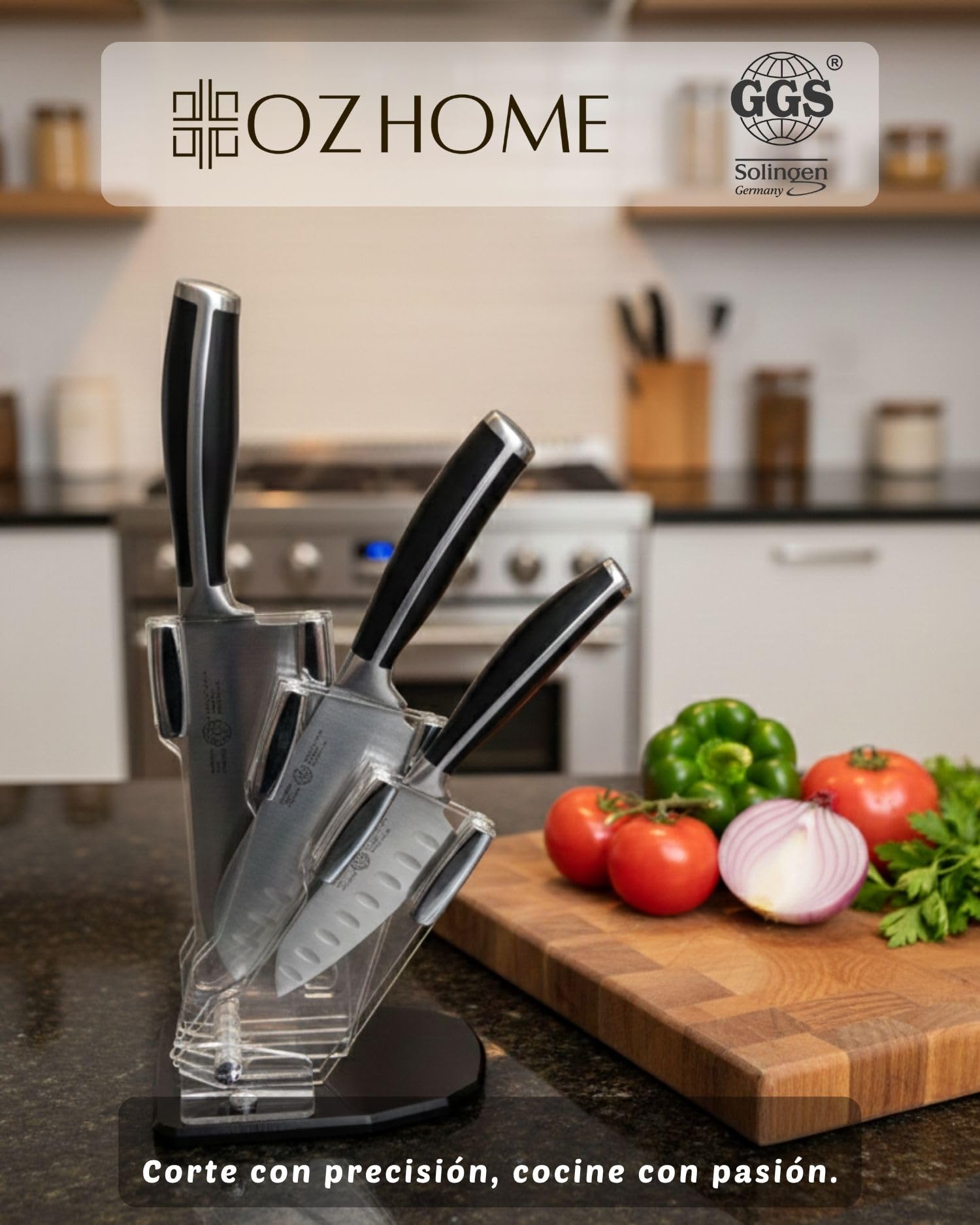 GGS Collection Home And Kitchen Juego De Cuchillos De Cocina Santoku 4 Piezas Con Bloque,Cuchillos Cocina De Utensilios De Cocina Acero Inoxidable Templado Especial,Solingen Standard,Accesorios Cocina