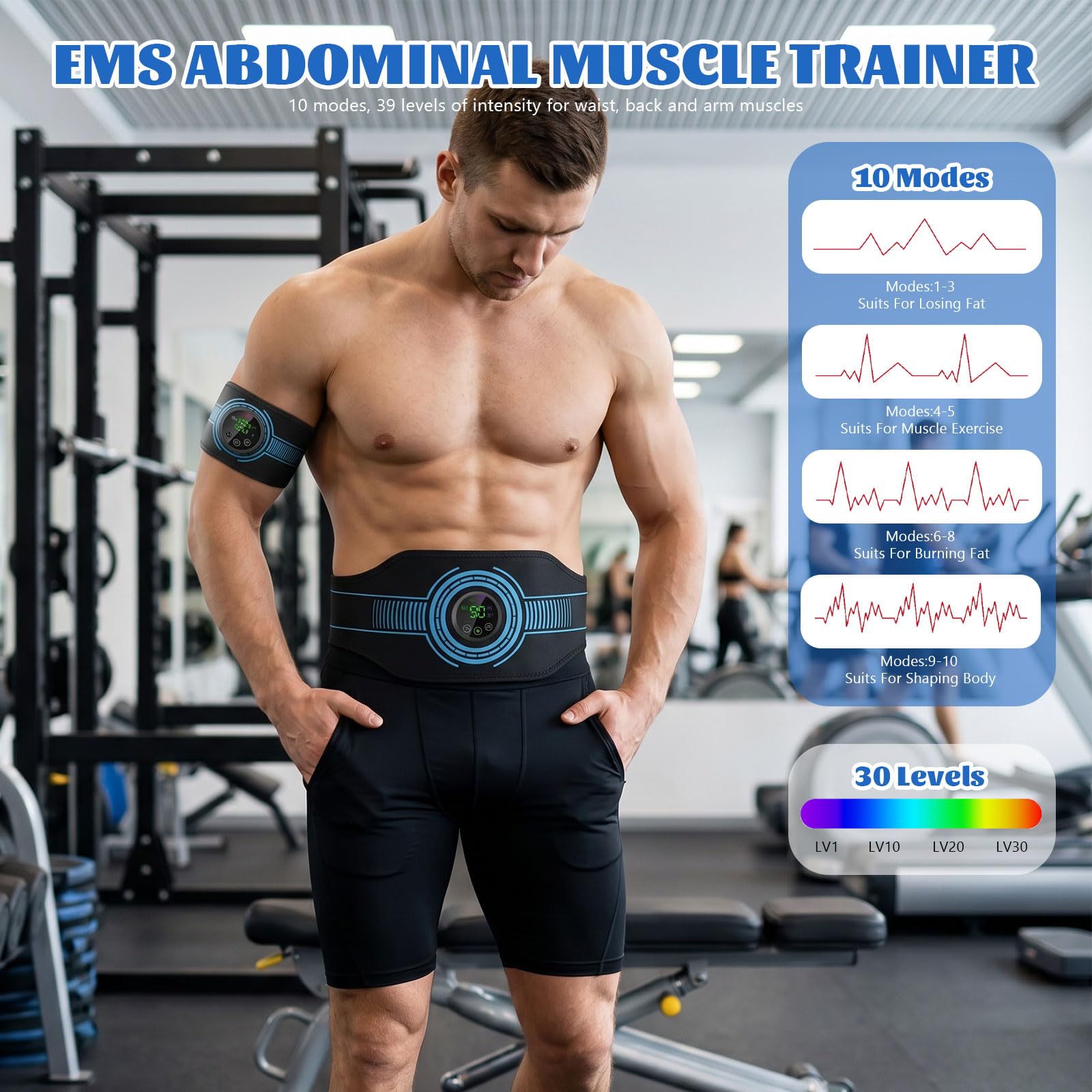 EMS Bauchmuskeltrainer, Bauchmuskeltrainer Elektrisch, mit 10 Trainingsmodi und 39 Intensitätsstufen, USB-Wiederaufladbarer Tragbarer EMS Trainingsgerät, Geeignet für Bauch und Arme