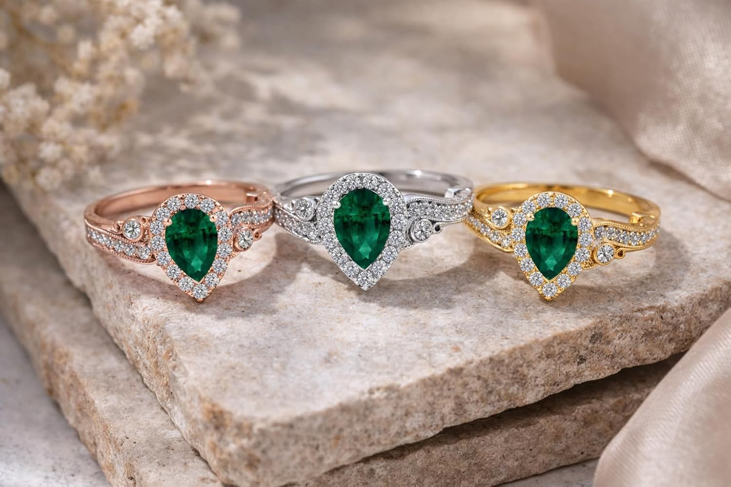 MauliJewels 1.35 Carat Pear Shape Emerald & Round Diamond Ring for Women in 10K Rose, White and Yellow Gold, Prong Setting Engagement Wedding Jewelry
