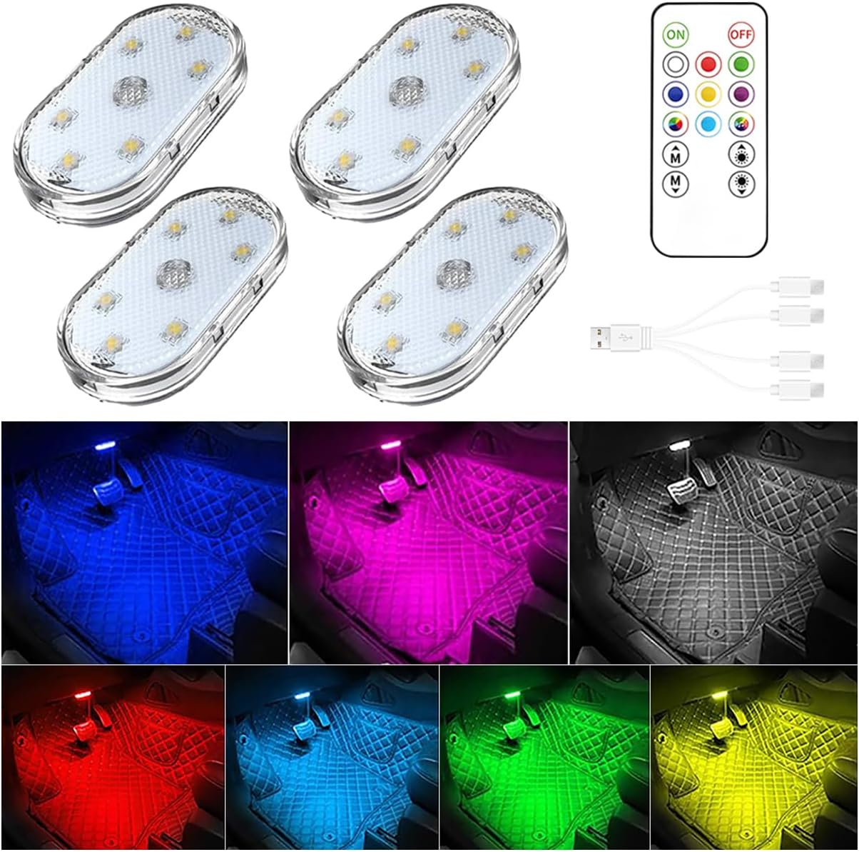 4 PCS Car LED Lights Interior,7 Colors Ambient Lighting Car Interior with 6 Bright LED Lamp Beads,Portable USB Rechargeable Car Interior Led Night Light for Car Decoration