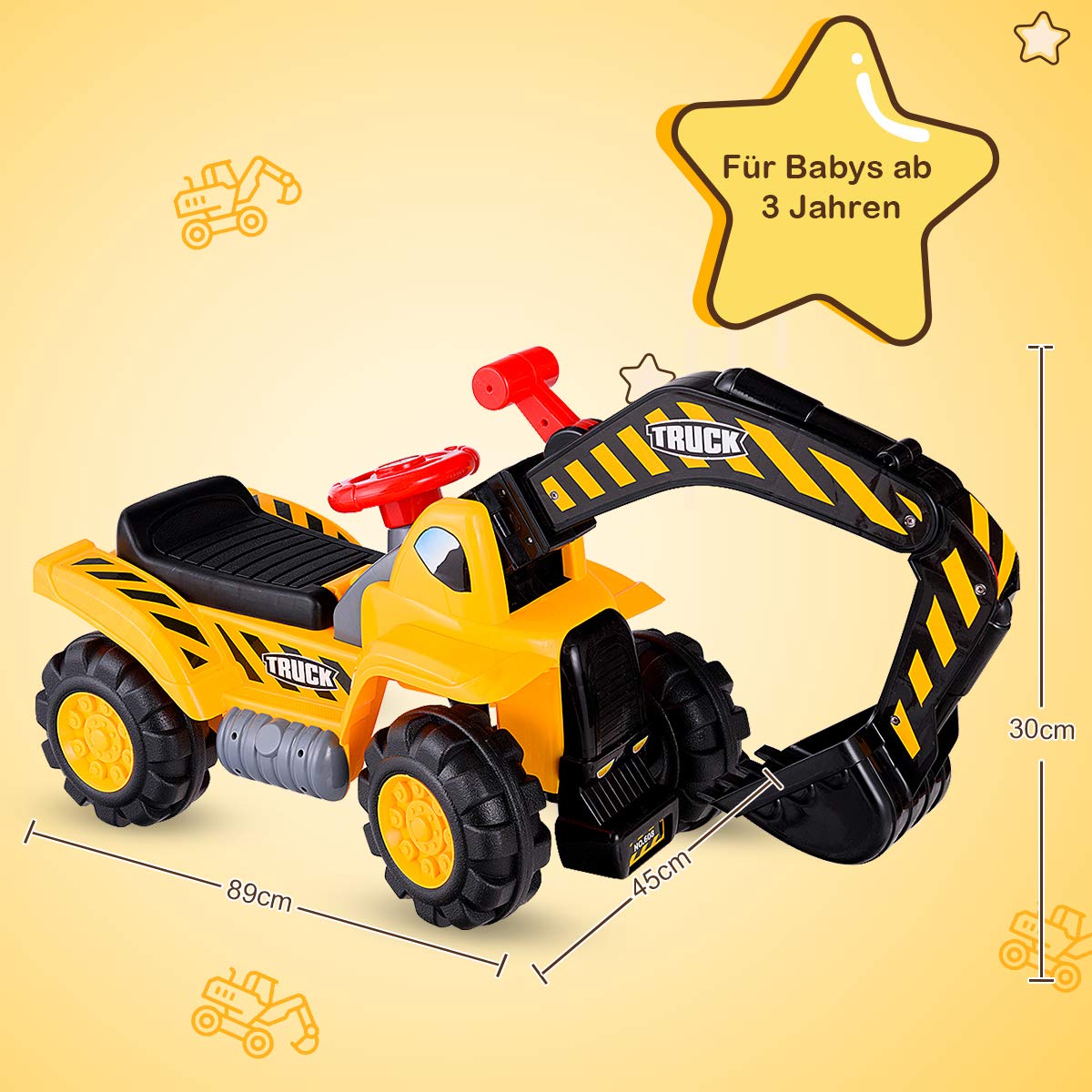 COSTWAY Sitzbagger mit eingebautem Ablagefach, Kinderbagger mit Horn, Sandbagger, Rutscher Bagger, Schaufelbagger, Aufsitzbagger für Kinder ab 3 Jahren, inkl. 3 Steine und Helm
