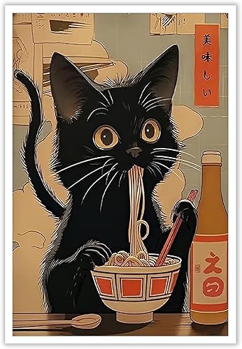 Póster de lienzo retro de animales japoneses con gato negro, estilo vintage, gato comiendo ramen, arte de pared, regalo para amantes de los fideos,