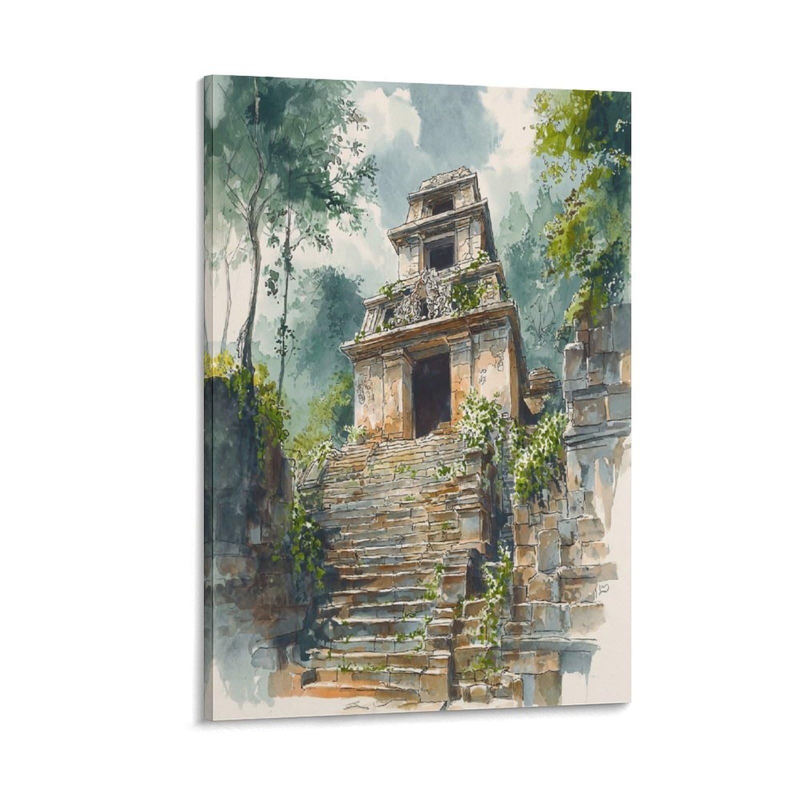 LCYNNH Tikal Maya Jaguar 20x30inch(50x75cm) Vintage Travel Poster Watercolor Canvas Art