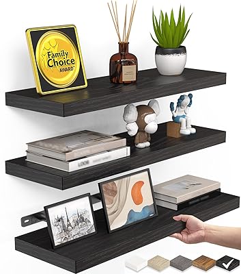 BAYKA Floating Shelves for Wall, Wall Mounted Rustic Wood Shelves for Bathroom, Bedroom, Living Room, Kitchen, Hanging Shelf for Books/Storage/Room Decor with 22lbs Capacity (Black, Set of 3, 15.7in)