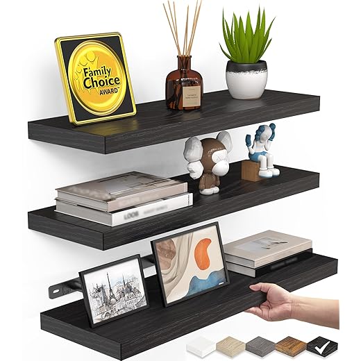 BAYKA Floating Shelves, Wall Mounted Rustic Wood Shelves for Bathroom, Bedroom, Living Room, Kitchen, Small Hanging Shelf for Books/Storage/Room Decor with 22lbs Capacity (Black, Set of 3, 16in)