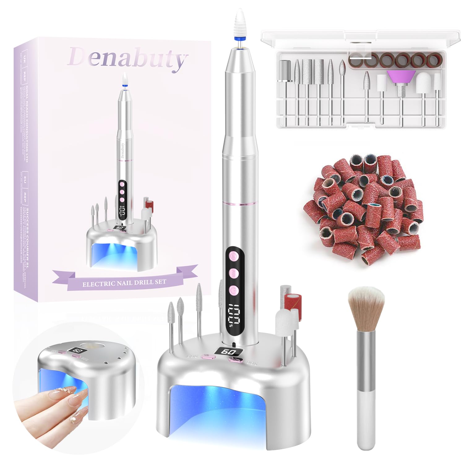 Denabuty Cordless Electric Nail Drill File: 35000RPM Professional Nail Drill Machine with UV LED Nail Lamp Charging Base 2 in 1, Manicure Pedicure Kit E File for Acrylic Gel Dip Powder Polish Silver