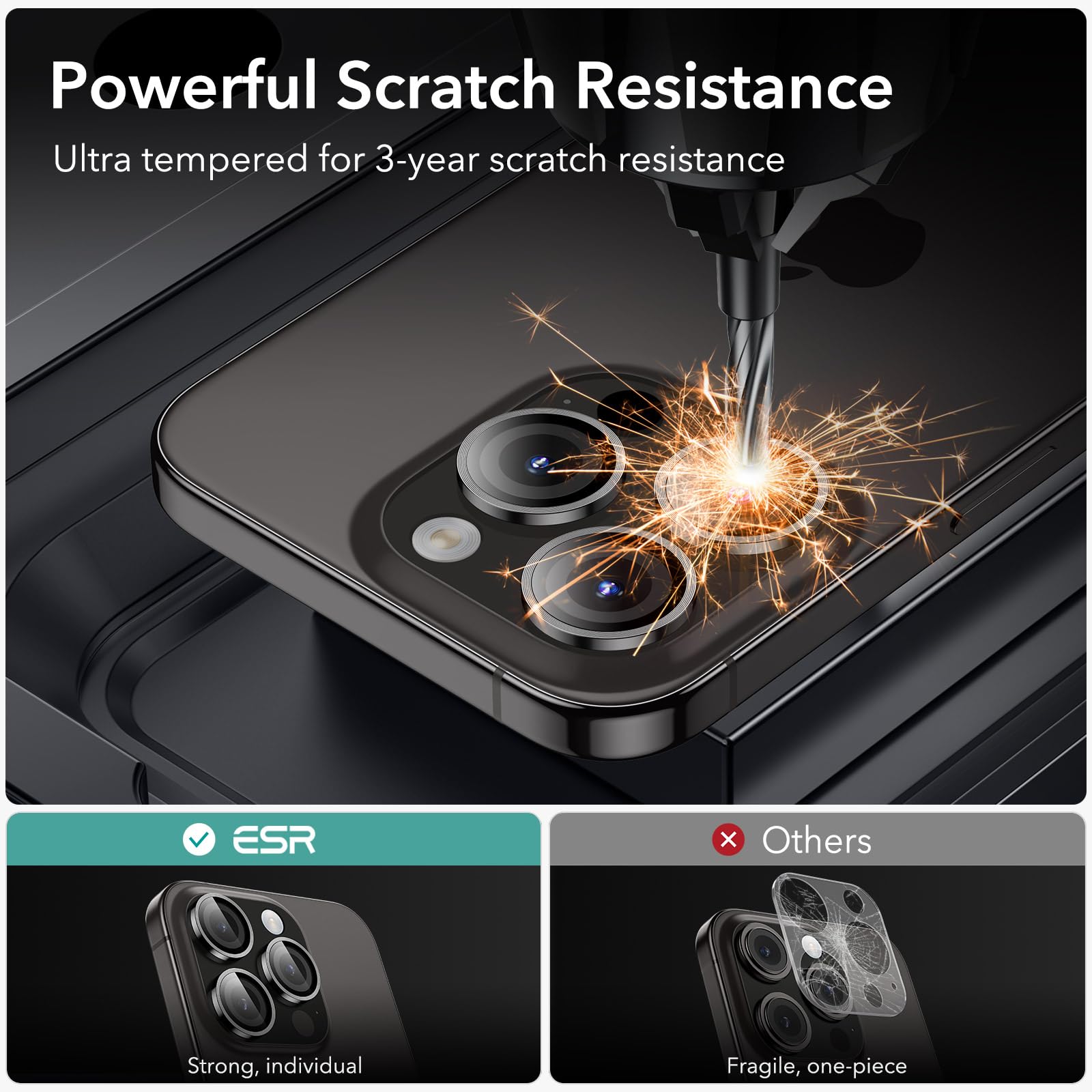 ESR Ochrona aparatu iPhone 15 Pro Max/15 Pro/14 Pro Max/14 Pro, Armorite pojedyncze folie ochronne na soczewki, odporne na zarysowania, ultracienkie szkło hartowane z aluminiową krawędzią, seria