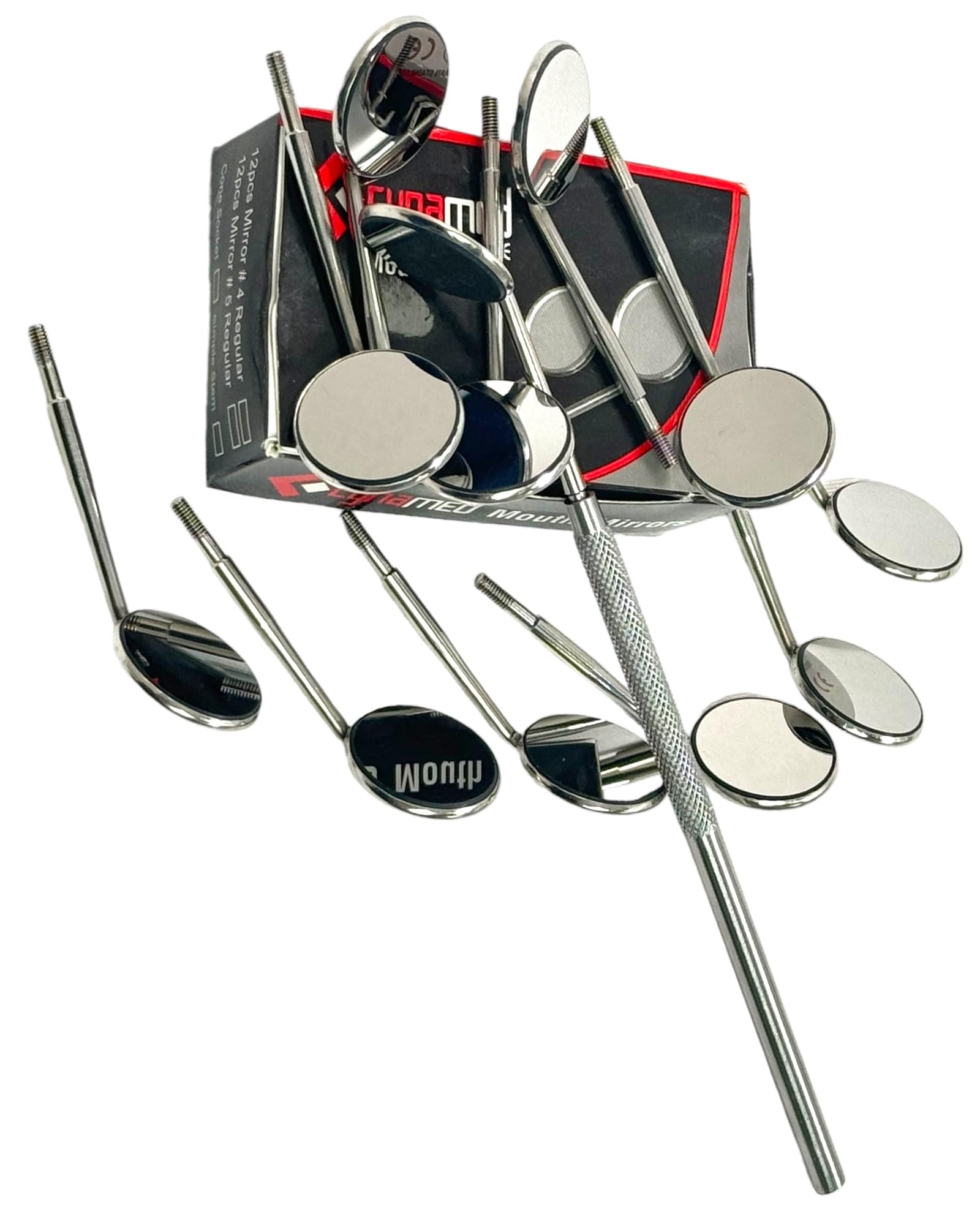 Dental Mouth Mirrors #5 (12PK) with Rhodium Coated Front Surface Intraoral + Mirror Handle - Examination Dental Mouth Mirror - Cone Socket Oral Mirror - Stainless Steel