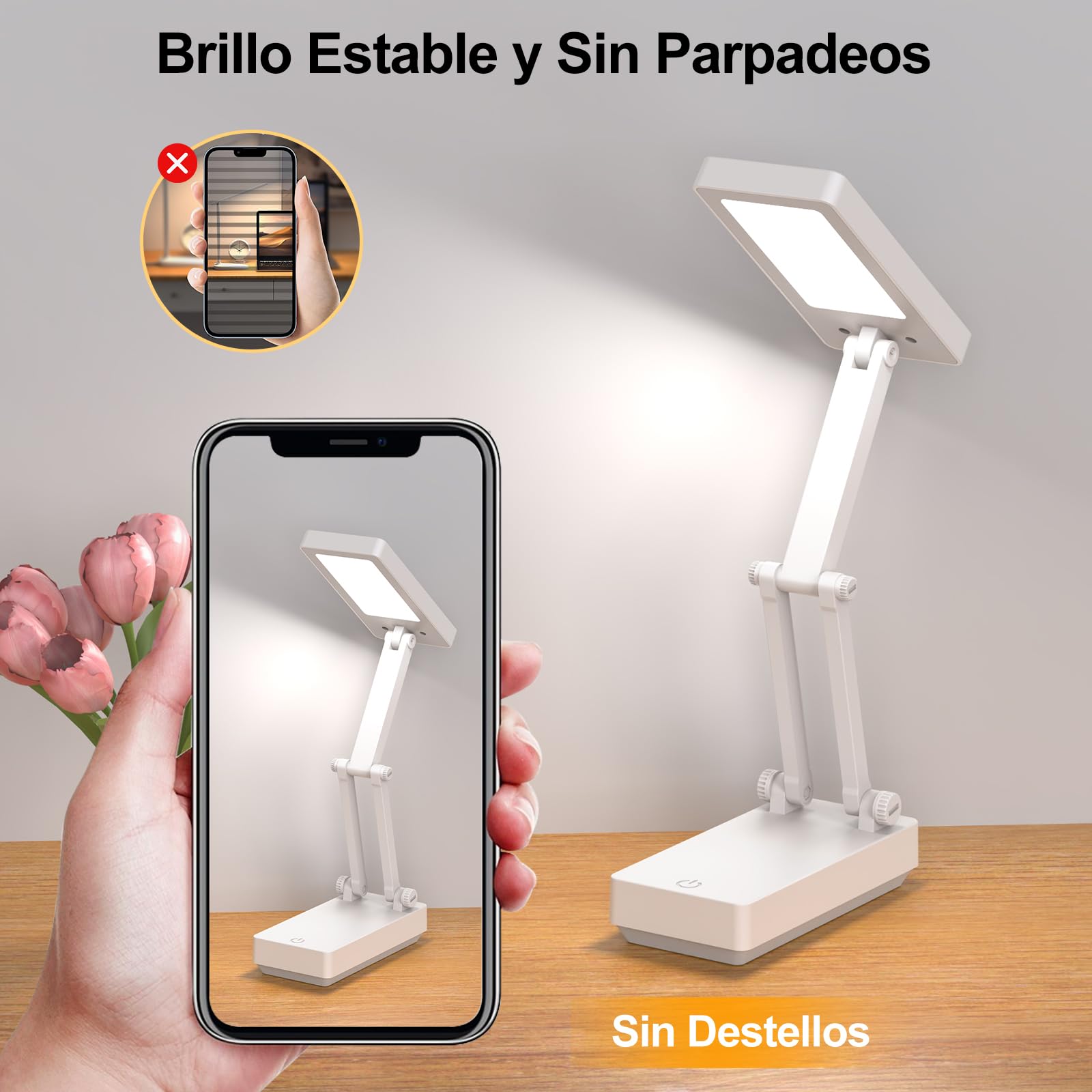 Lámpara Escritorio LED, Flexo Lámpara Táctiles Plegables, Lamparas sin Cables Noche,Luz de Mesa con Pilas de 2400 mAh, 3 Modos,Luz de Escritorio Recargable para Dormitorio, Lectura, Estudio