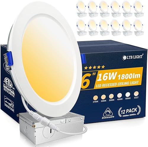 Miniatura 1 de Paquete de 12 luces LED ultrafinas con caja de conexiones, luz de techo empotrada regulable de 6 pulgadas, luces matadoras de latas de montaje
