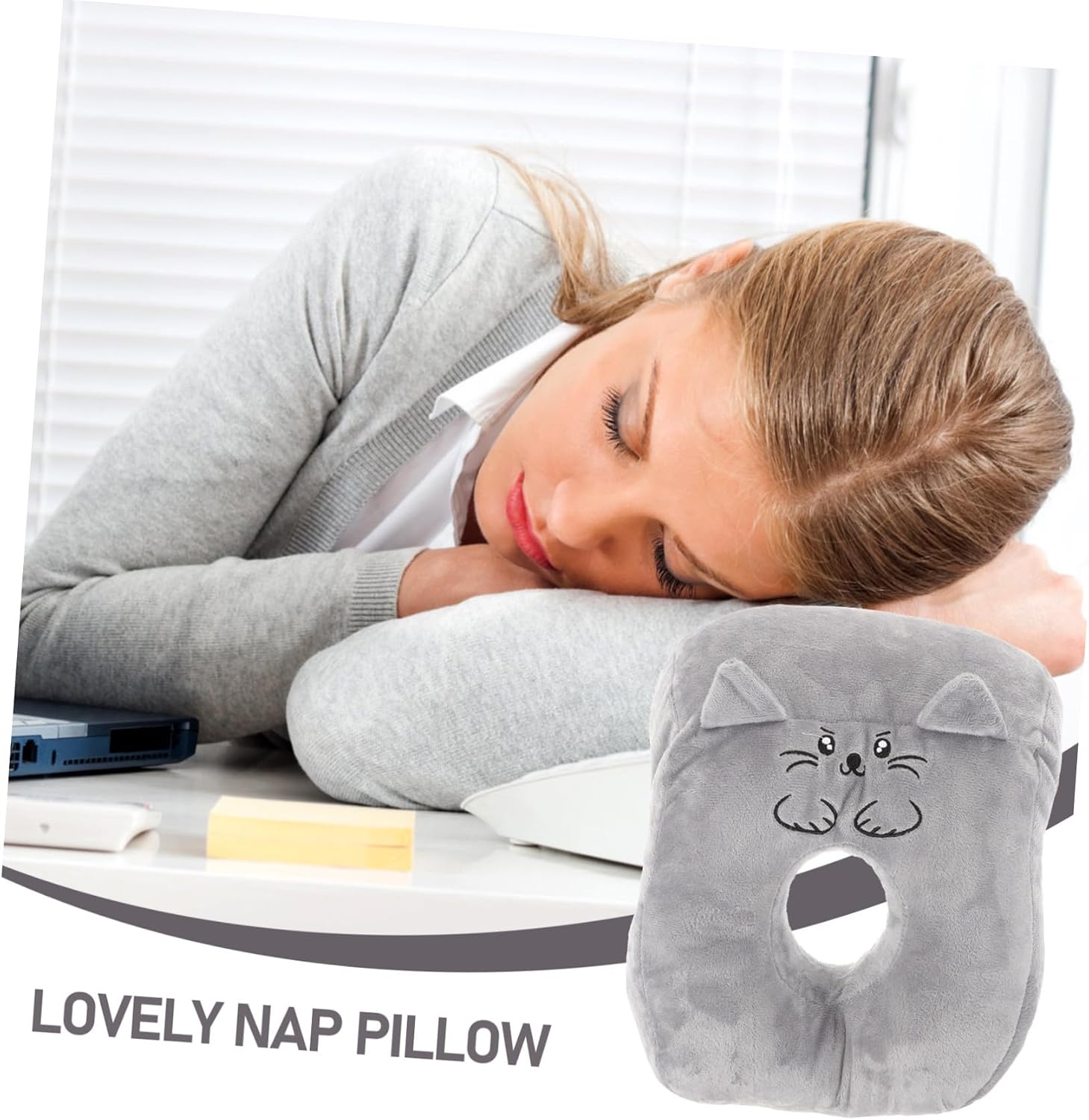 VICASKY Cartoon Face Down Nap Pillow Desktop Cushion for Sleeping Breathable Down Cotton Filled Support for School Travel Home Use Gray Cat Design