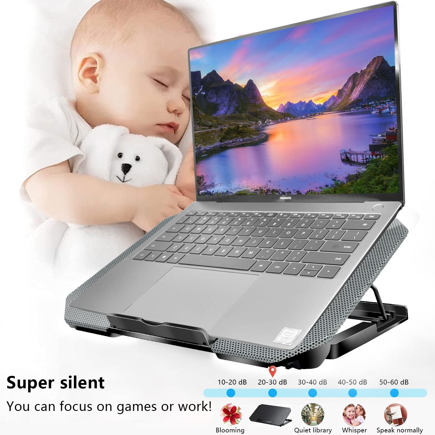 Laptop-Kühlpad, Kühlmatte mit 2 leisen Lüftern, LED-Leuchten und 2 USB-Anschlüssen, 5 Höhen und mit einstellbarer Geschwindigkeitshalterung, Metallgitter-Design, für 9-17 Zoll Laptops (Silber)