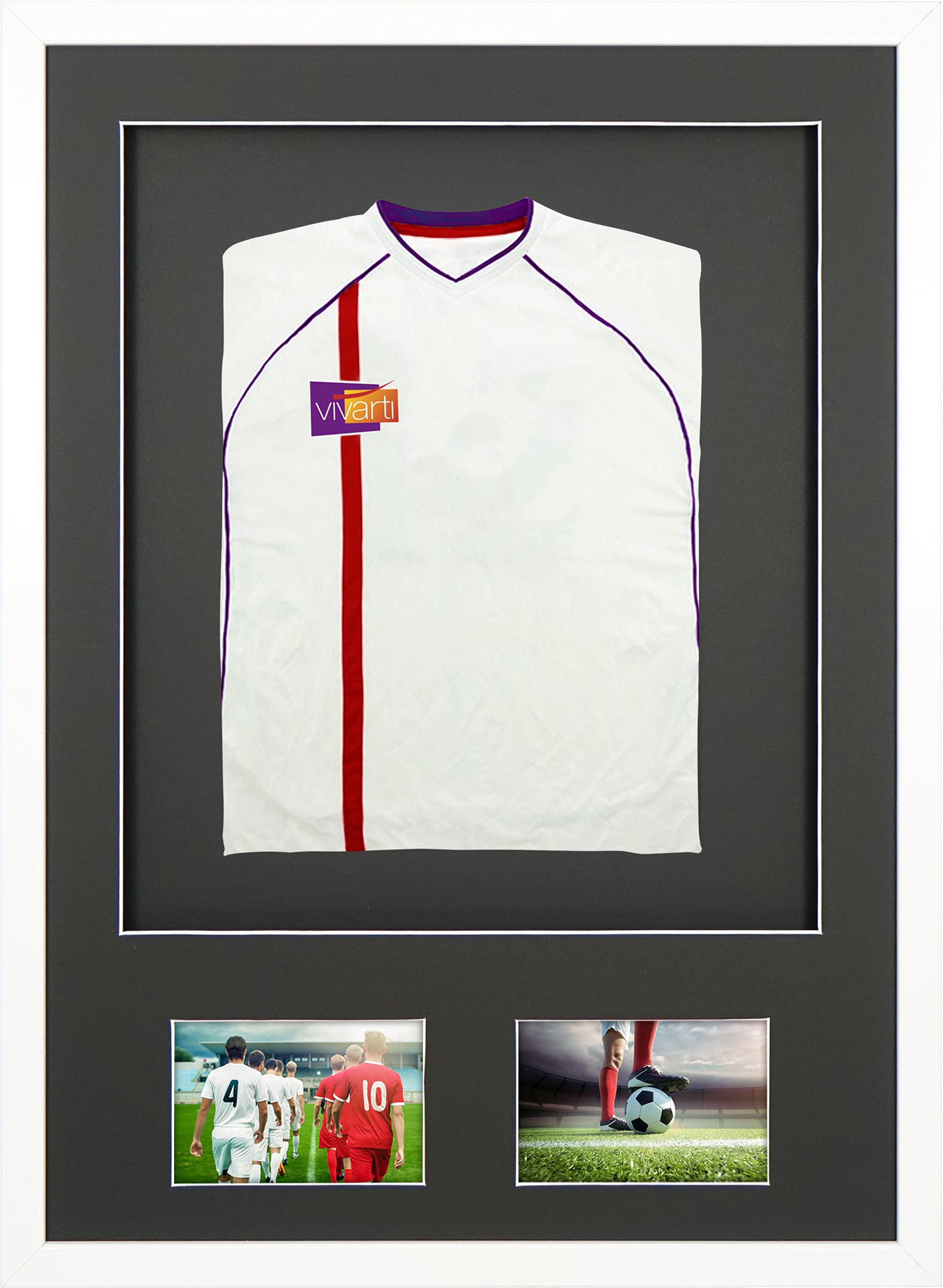 Vivarti DIY - Marco de visualización de camisa deportiva con doble apertura (50 x 70 cm), color blanco brillante, soporte negro, tarjeta de respaldo negra