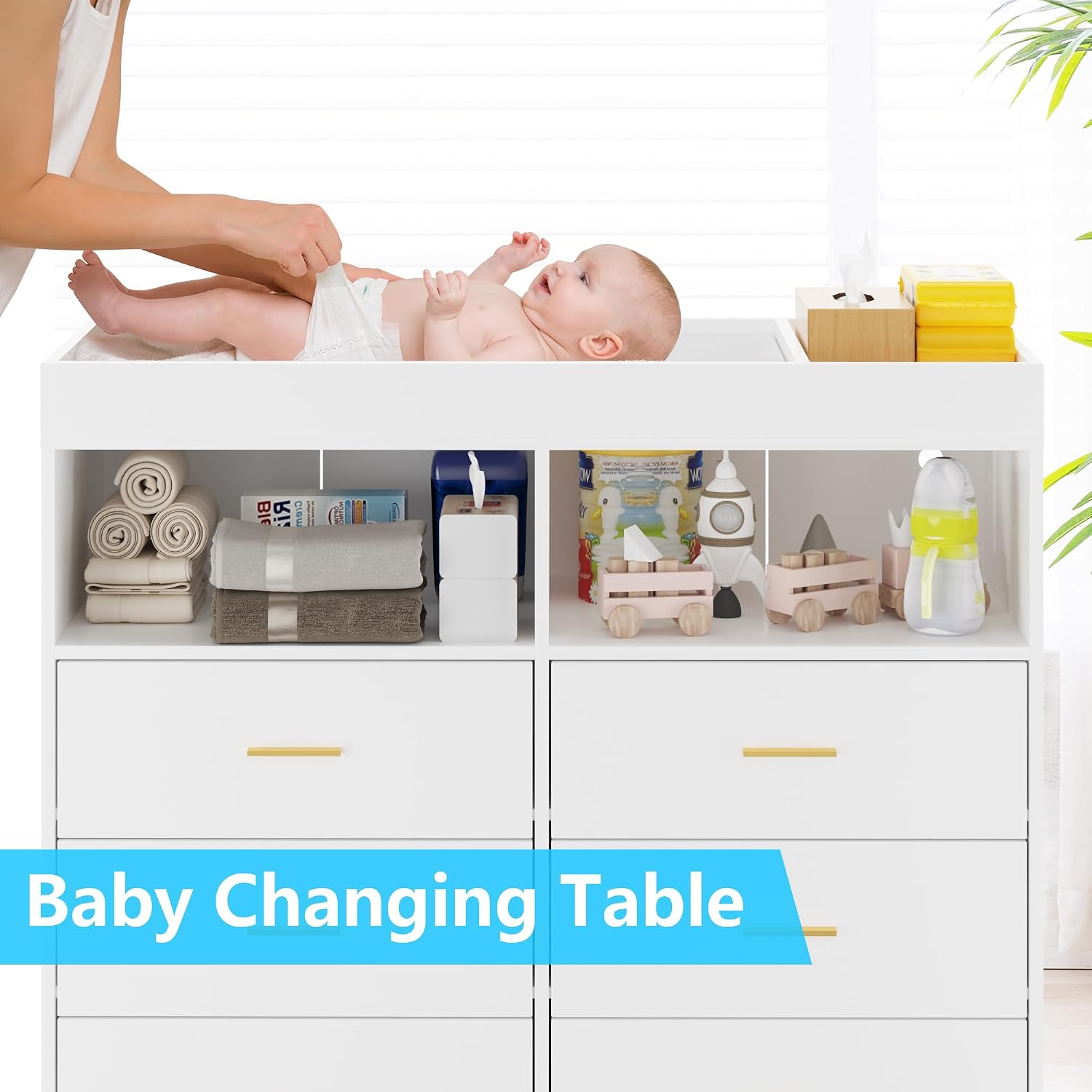 Jojoka Dresser for Bedroom with 6 Drawers, Multi-Functional Nursery Dresser with LED Lights & Charging Station,Baby Changing Table Table with Diaper Changing Station