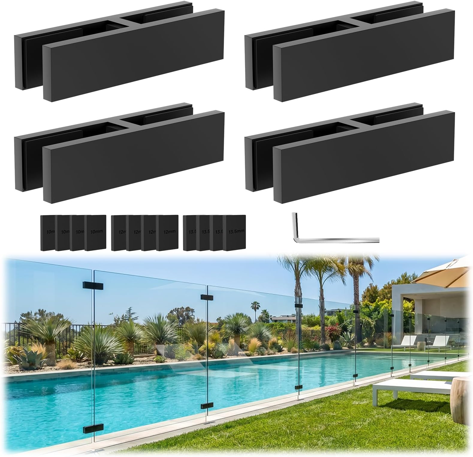 4 Pack Black Railing Glass to Glass Clamp, 180 Degrees Double Sided Clip Fit for 3/8"-1/2"(10mm-13mm) Thinkness Balustrade, SST304 Railing Holder for Fence, Balcony Deck, Indoor & Outdoor