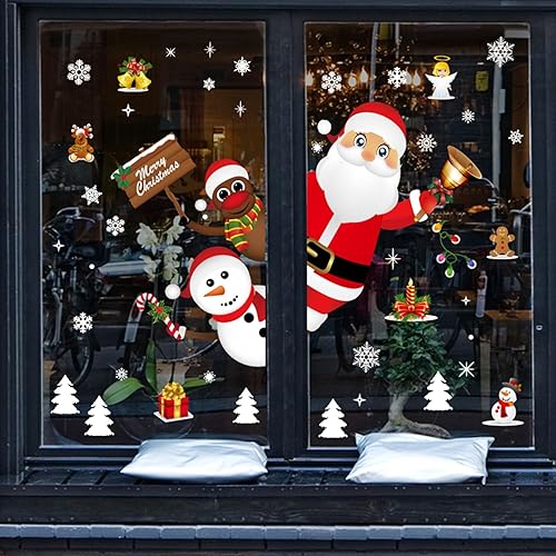 Miniatura 3 de Adhesivos grandes para ventana de Navidad, decoraciones navideñas, 15 hojas de copo de nieve blanco de Navidad con Papá Noel, reno, muñeco de nieve